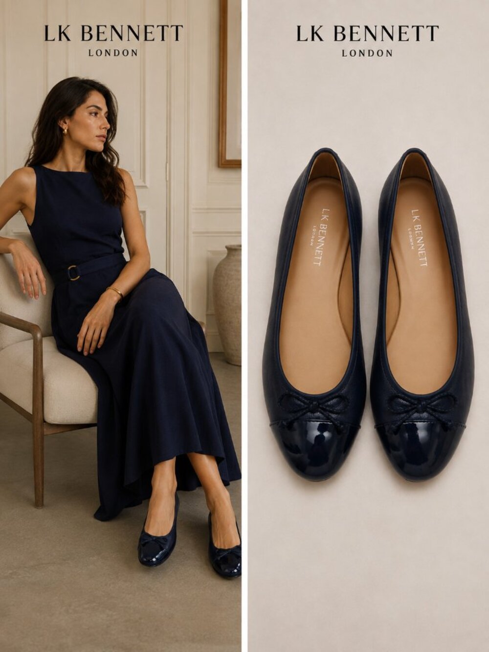 LK Bennett London Navy Leather Patent Cap Toe Ballet Flats Bow EU 38/ 7.5 US
